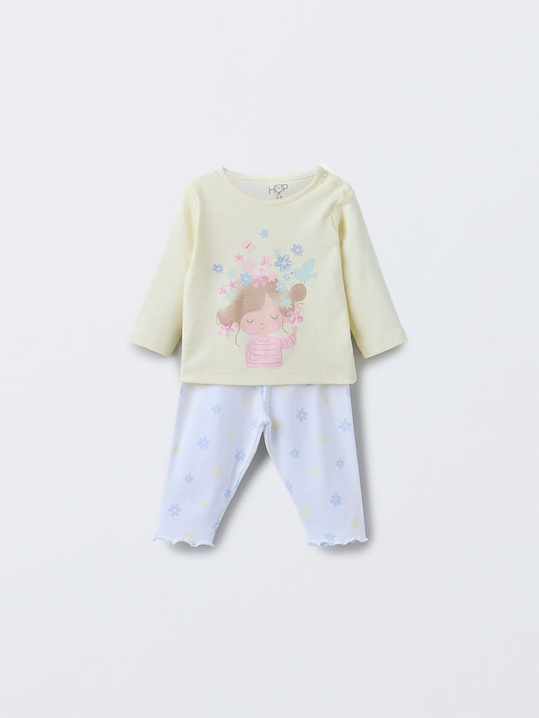 HOP Baby Yellow Printed Cotton T-Shirt with Pants Set