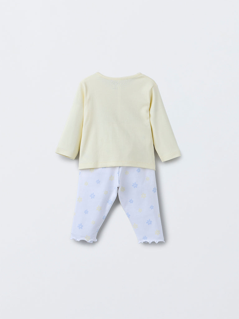 HOP Baby Yellow Printed Cotton T-Shirt with Pants Set