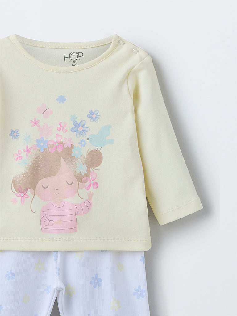 HOP Baby Yellow Printed Cotton T-Shirt with Pants Set