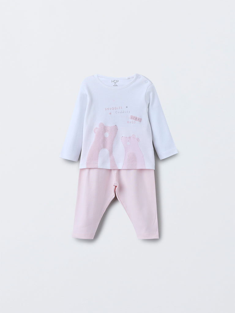 HOP Baby Pink Animal Pattern Cotton T-Shirt with Pants Set
