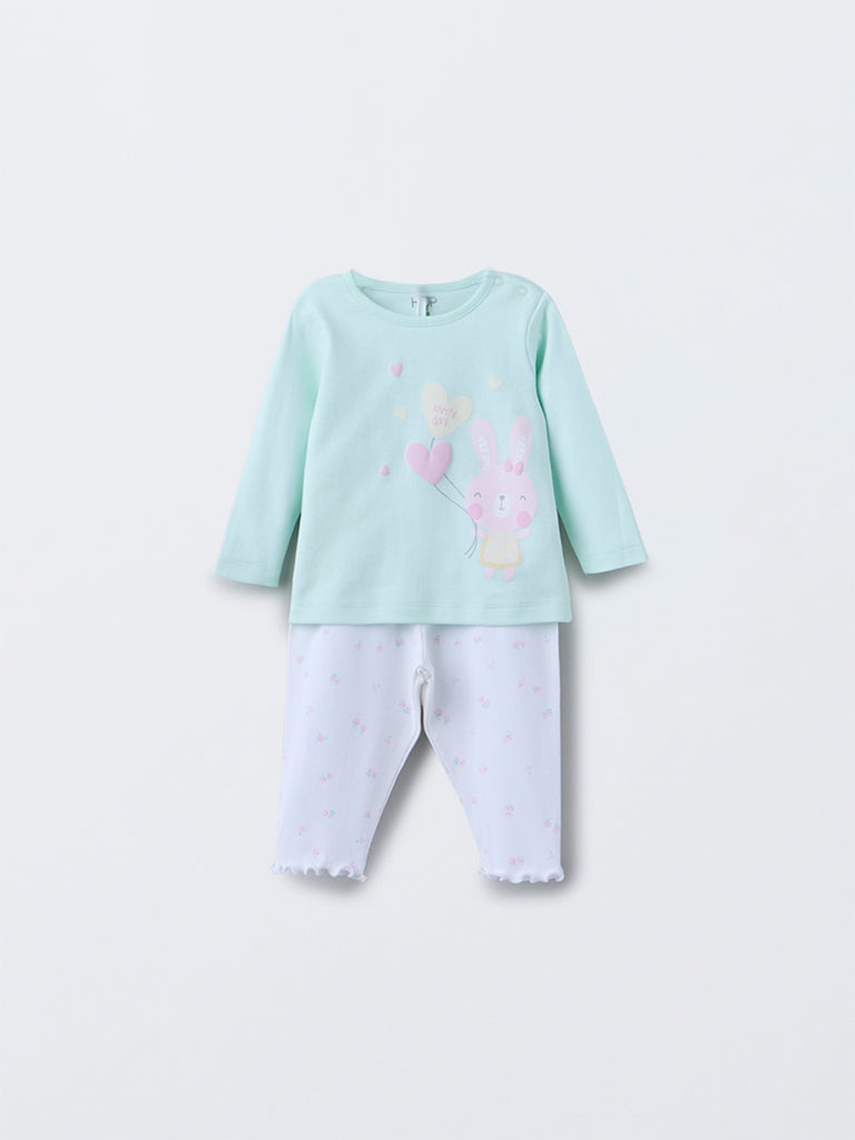 HOP Baby Mint Printed Cotton T-Shirt with Pants Set