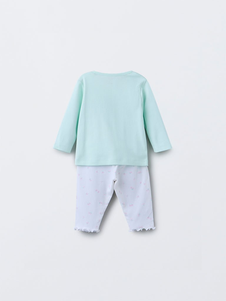 HOP Baby Mint Printed Cotton T-Shirt with Pants Set