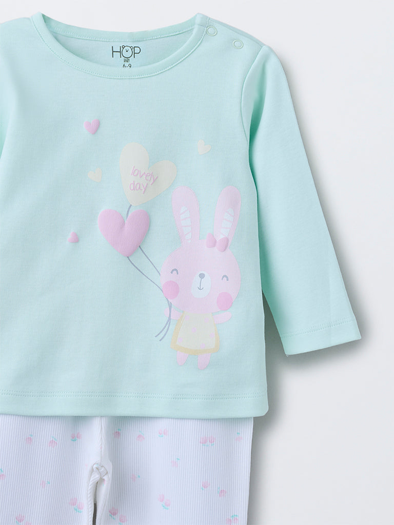 HOP Baby Mint Printed Cotton T-Shirt with Pants Set