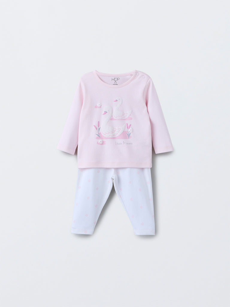 HOP Baby Pink Swan Design Cotton T-Shirt with Pants Set