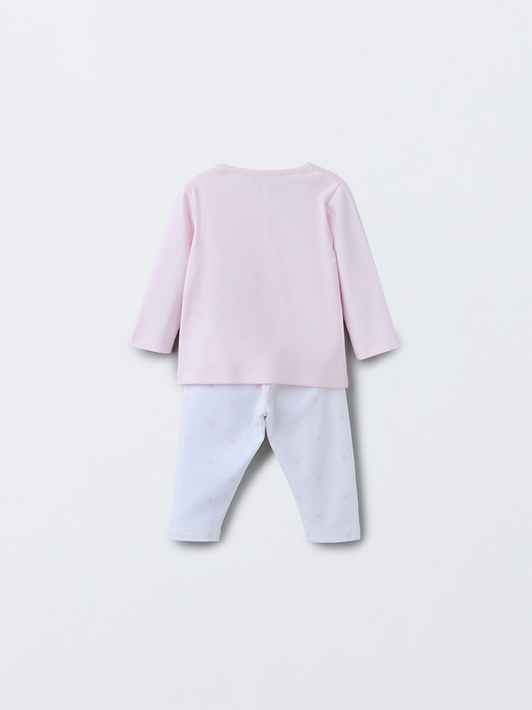HOP Baby Pink Swan Design Cotton T-Shirt with Pants Set