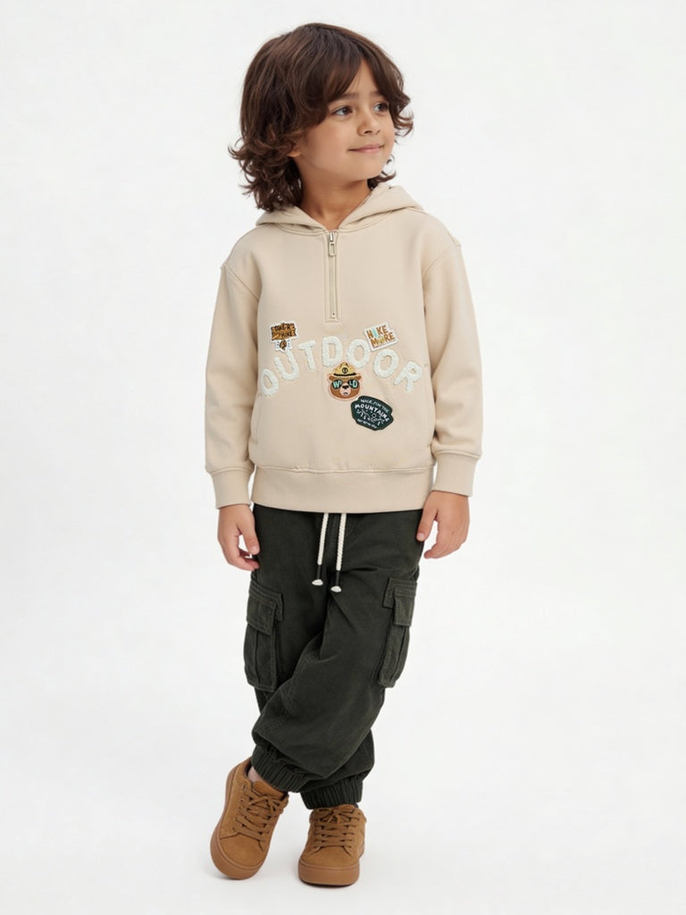 HOP Kids Boys Beige Embroidered Hooded Cotton-Blend Sweatshirt