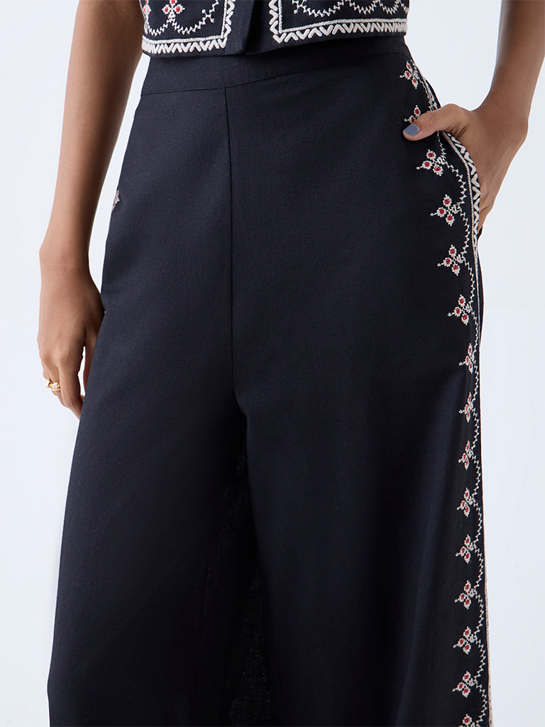 Bombay Paisley Black Embroidered Cotton Pants
