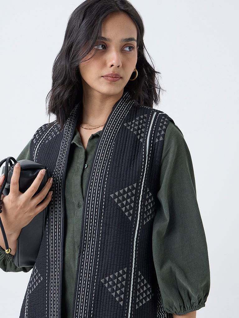 Utsa Black Aztec Printed Cotton Quilted Jacket