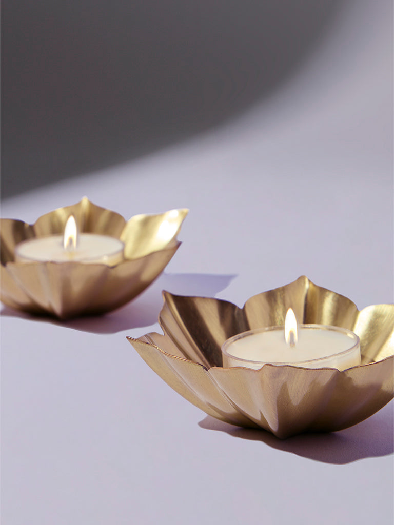 Westside Home Gold Lotus-Shaped Diyas (Set of 2) - Festive Season Gift