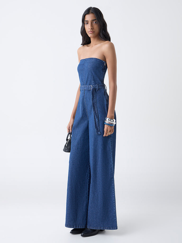 Nuon Blue Off-Shoulder Denim Jumpsuit with Belt