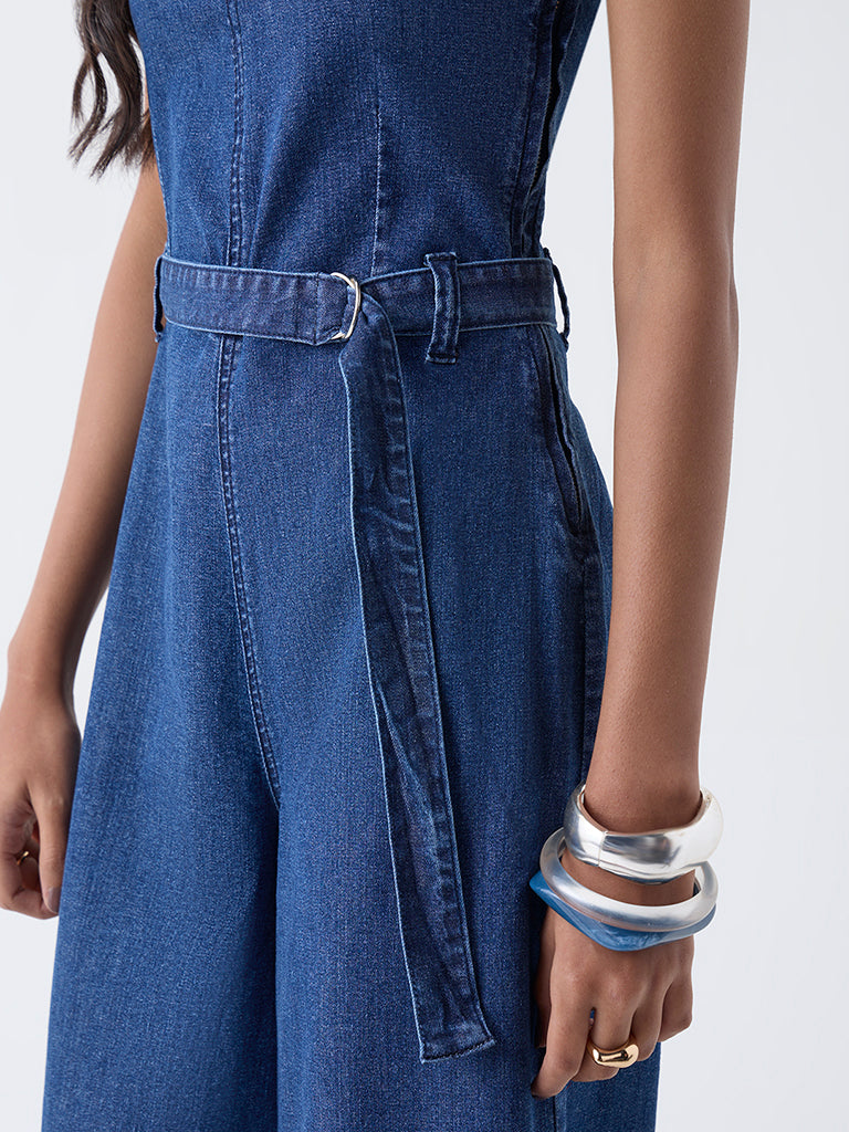Nuon Blue Off-Shoulder Denim Jumpsuit with Belt
