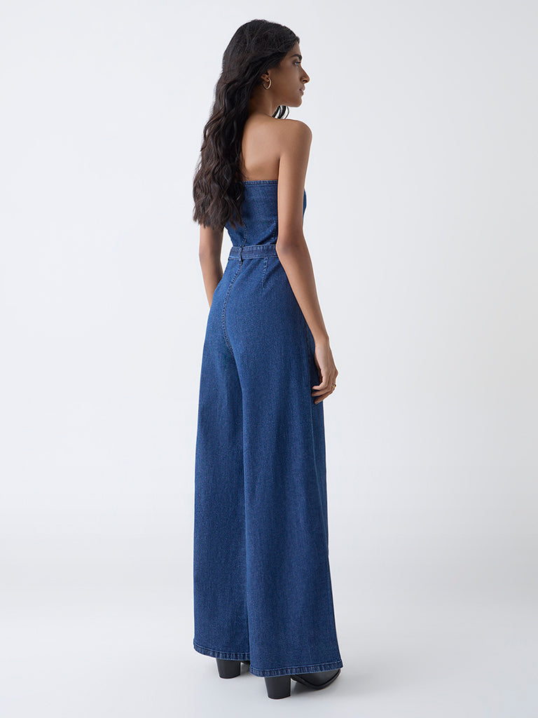 Nuon Blue Off-Shoulder Denim Jumpsuit with Belt
