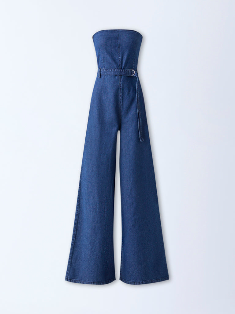 Nuon Blue Off-Shoulder Denim Jumpsuit with Belt
