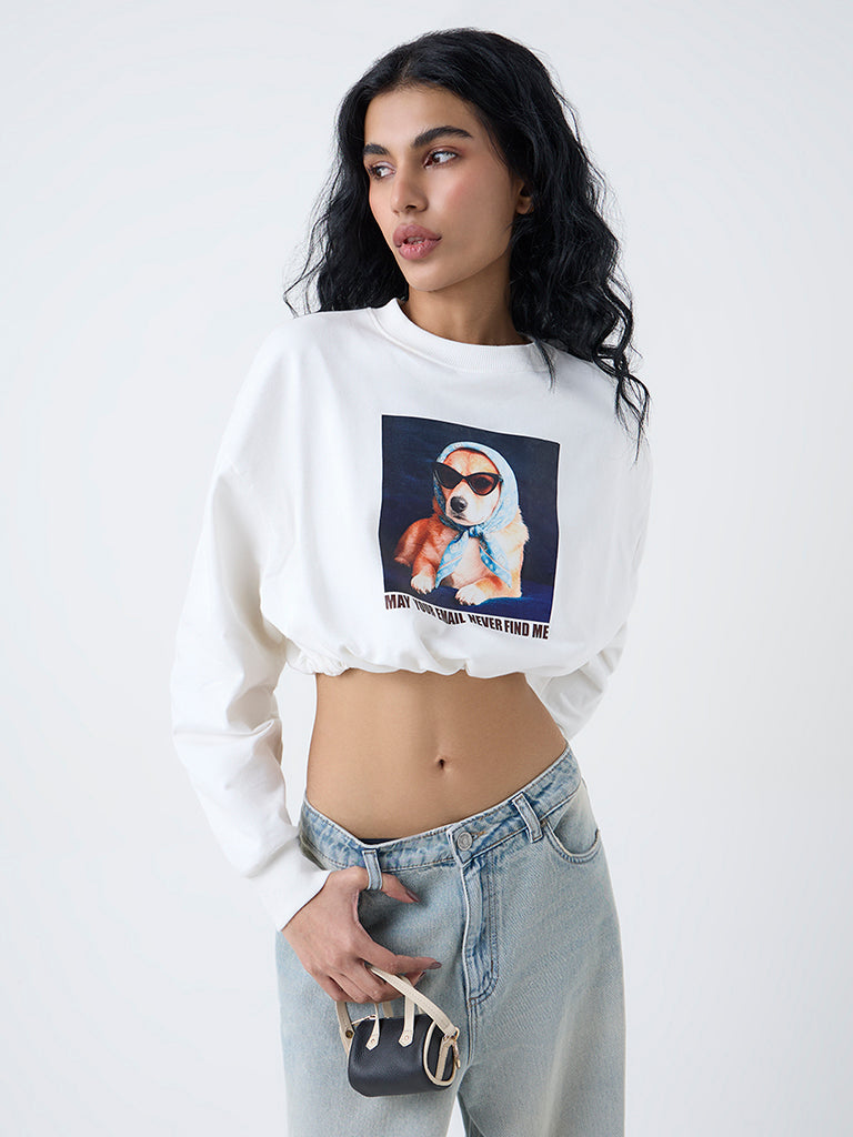 Nuon Off-White Graphic Design Crop Cotton T-Shirt