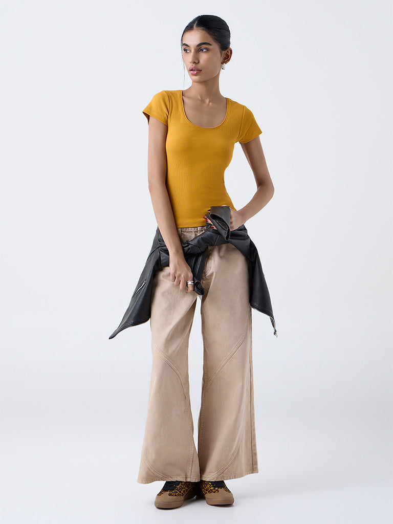 Nuon Mustard Ribbed Cotton-Blend T-Shirt