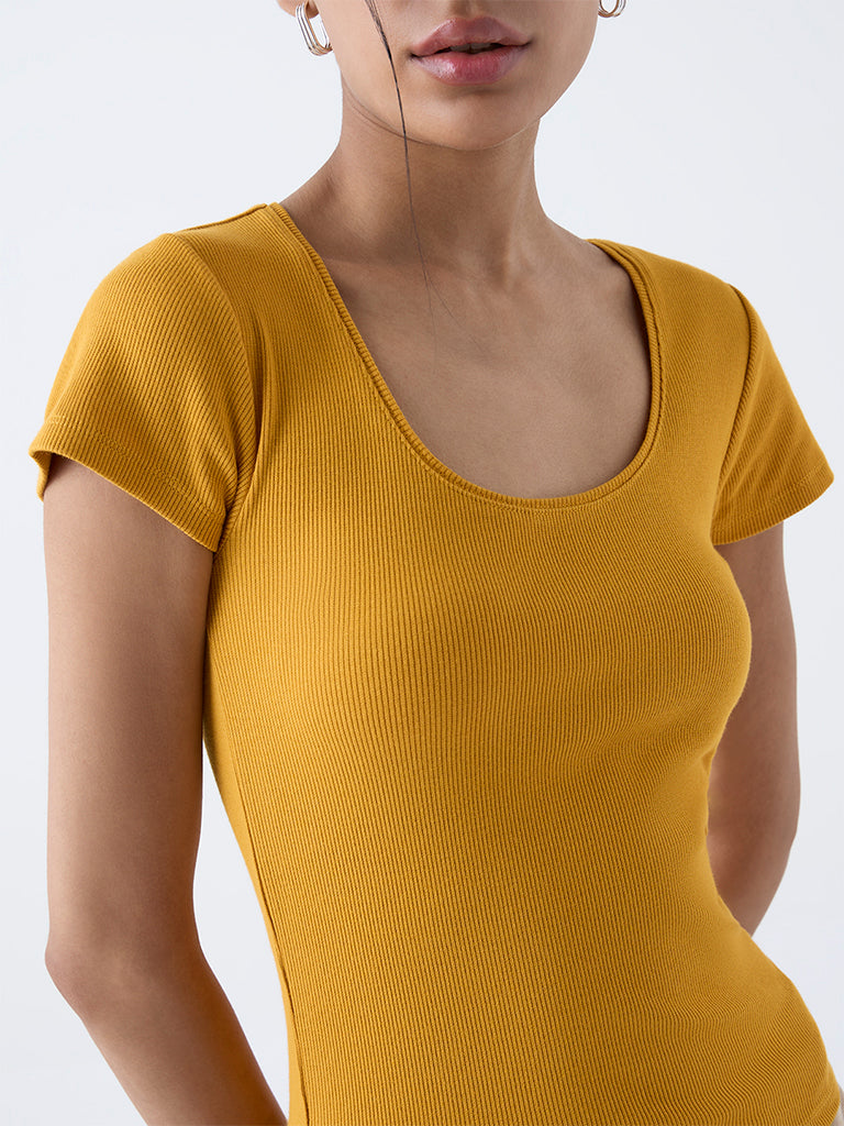 Nuon Mustard Ribbed Cotton-Blend T-Shirt