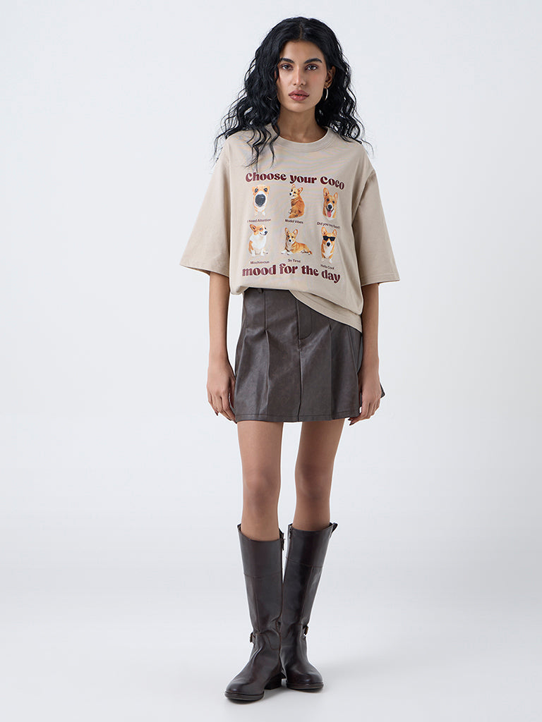 Nuon Beige Graphic Print Oversized Cotton T-Shirt