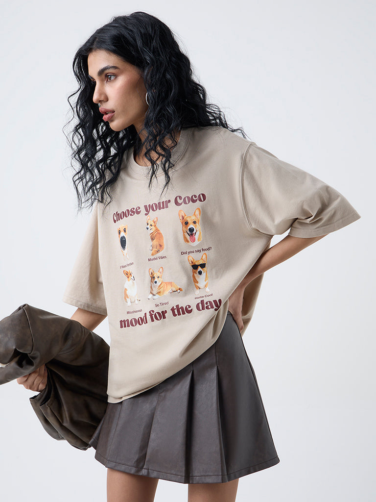 Nuon Beige Graphic Print Oversized Cotton T-Shirt