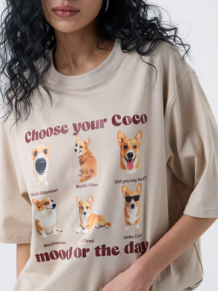 Nuon Beige Graphic Print Oversized Cotton T-Shirt
