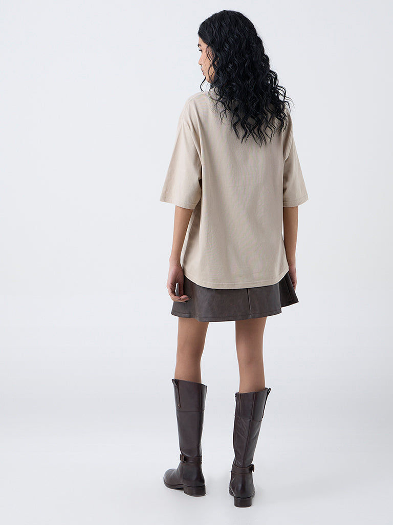 Nuon Beige Graphic Print Oversized Cotton T-Shirt