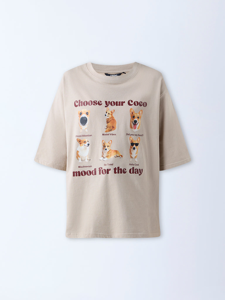 Nuon Beige Graphic Print Oversized Cotton T-Shirt