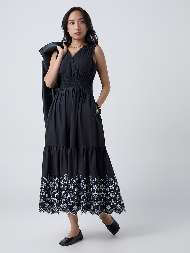 LOV Black Schiffli Embroidered Cotton Tiered Dress