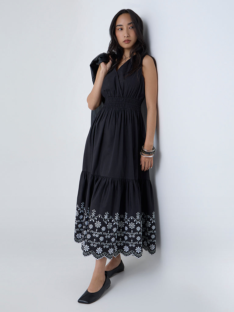LOV Black Schiffli Embroidered Cotton Tiered Dress