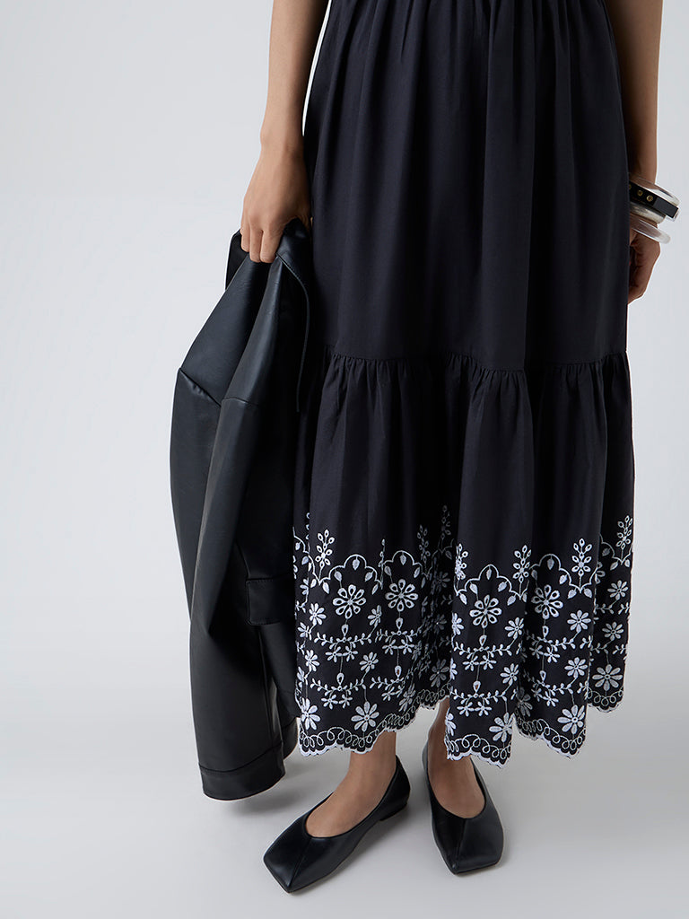 LOV Black Schiffli Embroidered Cotton Tiered Dress