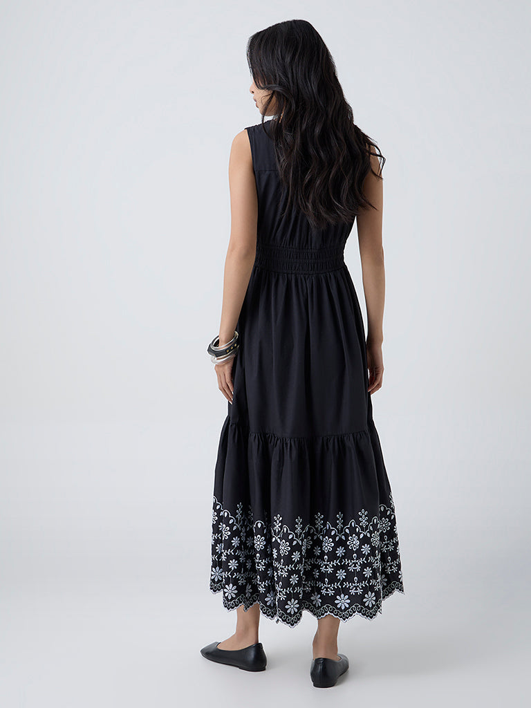 LOV Black Schiffli Embroidered Cotton Tiered Dress