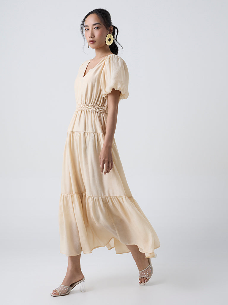 LOV Cream Solid Tiered Dress