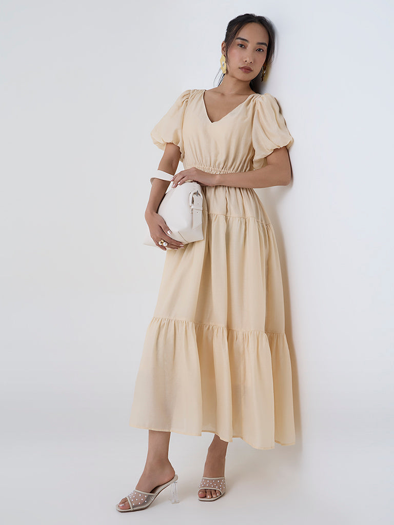 LOV Cream Solid Tiered Dress