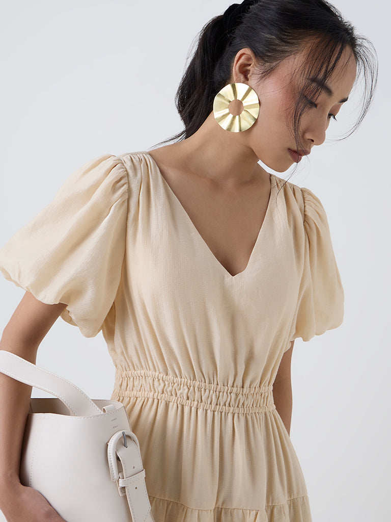 LOV Cream Solid Tiered Dress