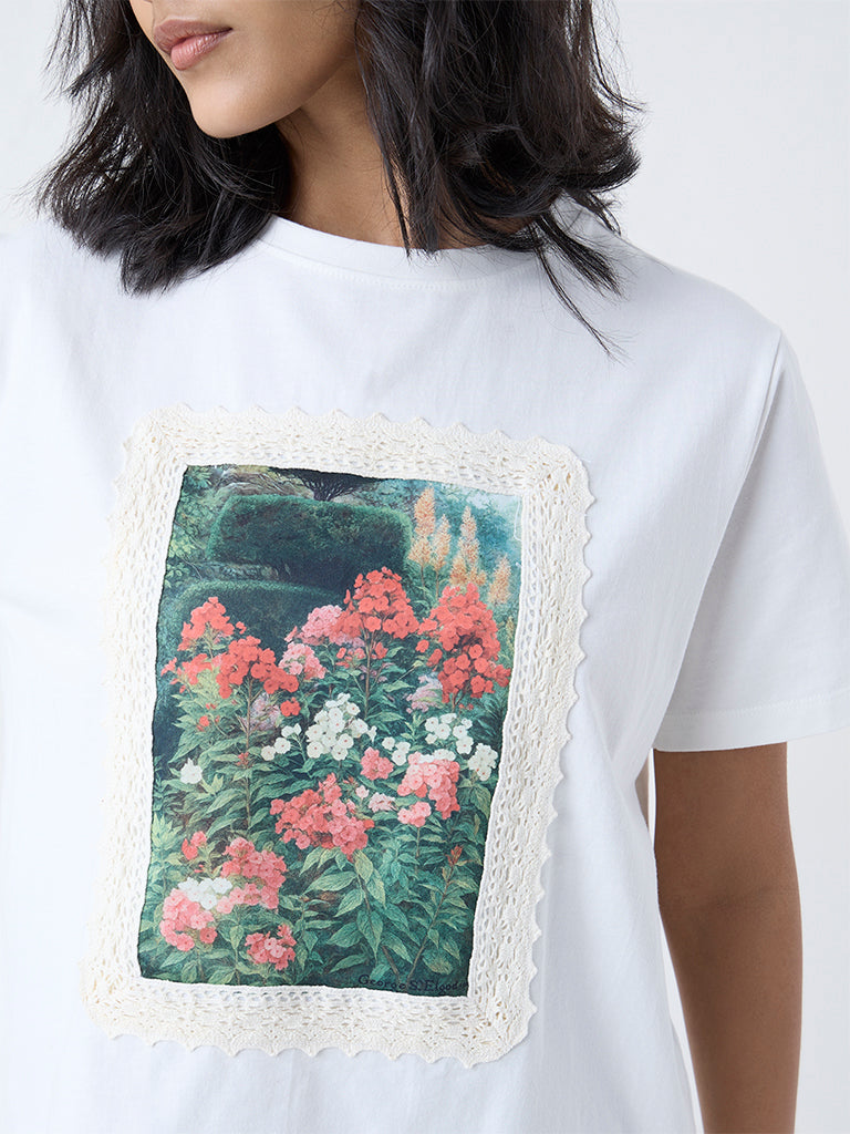 LOV White Floral Design Cotton T-Shirt