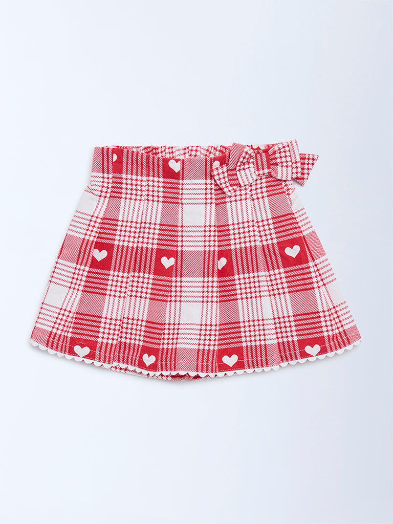 HOP Baby Girls Red Checkered High-Rise Cotton Skort