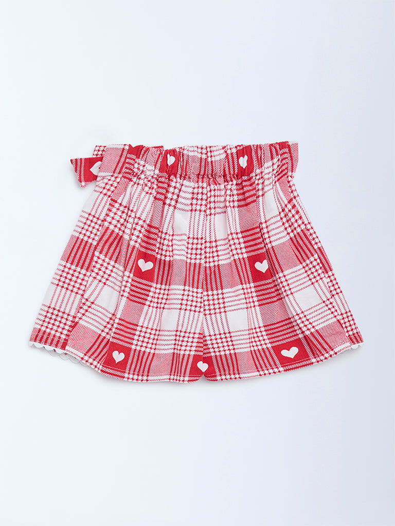 HOP Baby Girls Red Checkered High-Rise Cotton Skort