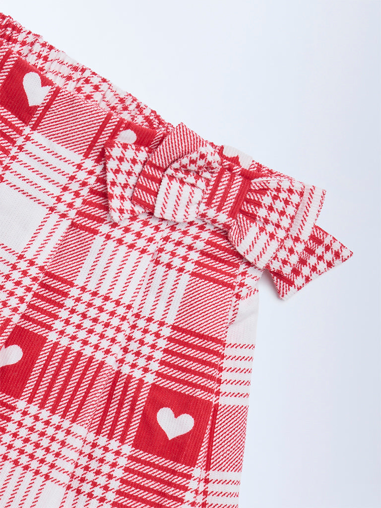 HOP Baby Girls Red Checkered High-Rise Cotton Skort
