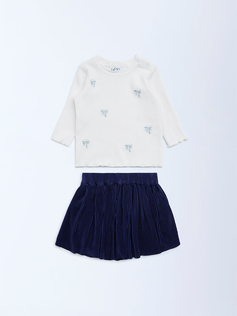 HOP Baby Girls White Bow Embroidered Cotton T-Shirt and Skirt Set