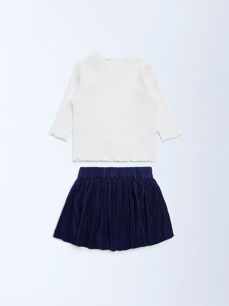 HOP Baby Girls White Bow Embroidered Cotton T-Shirt and Skirt Set