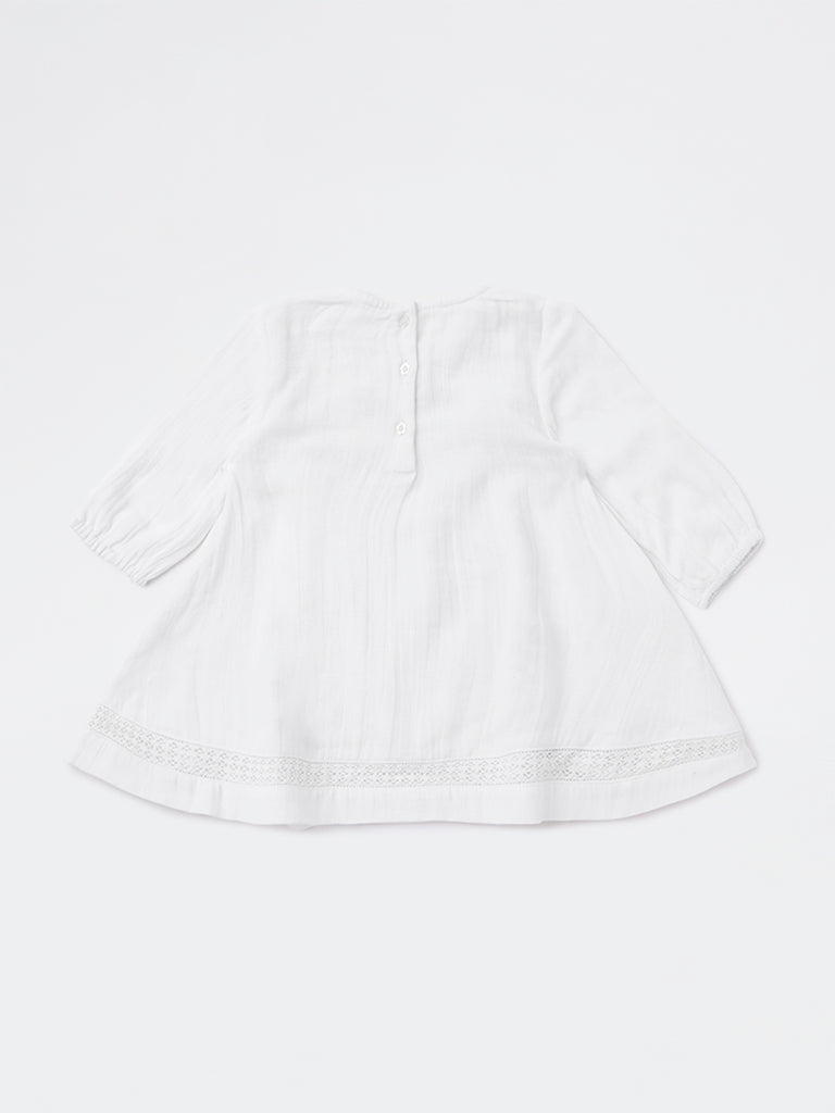 HOP Baby Girls White Floral Embroidered A-Line Cotton Dress