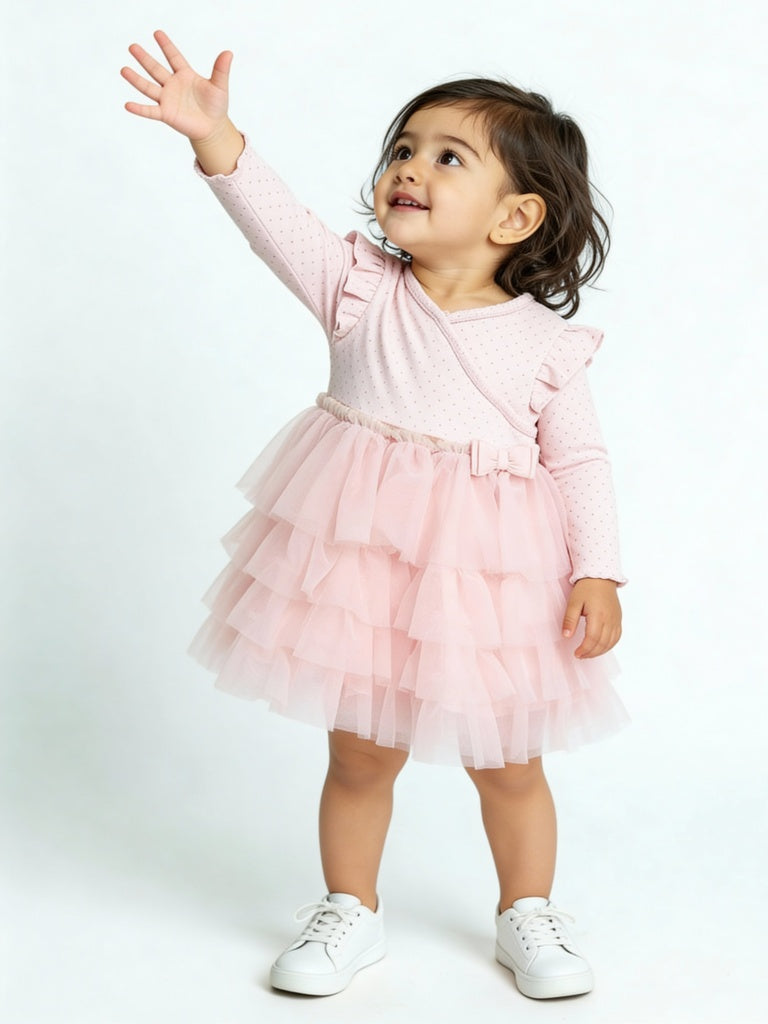 HOP Baby Girls Pink Printed Cotton-Blend Tiered Dress