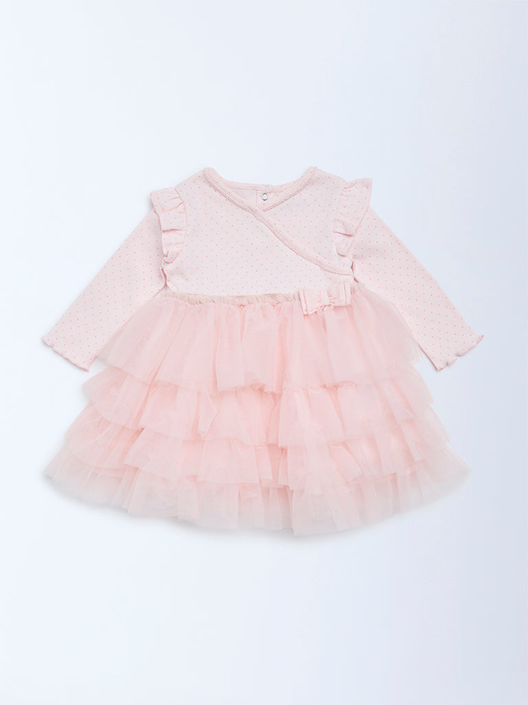 HOP Baby Girls Pink Printed Cotton-Blend Tiered Dress