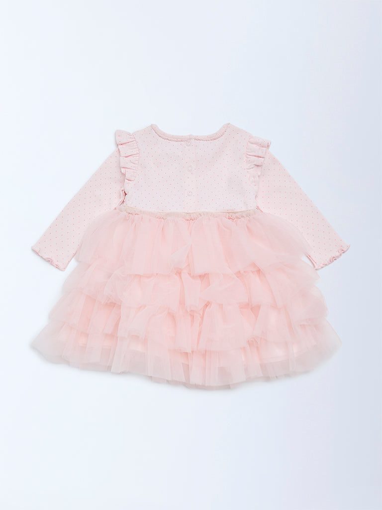 HOP Baby Girls Pink Printed Cotton-Blend Tiered Dress