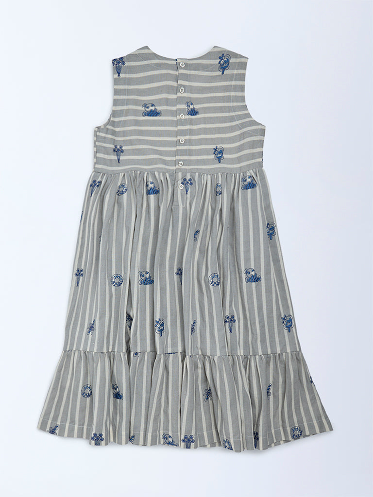 Buy Utsa Kids Girls Grey Striped Cotton-Blend Tiered Dress