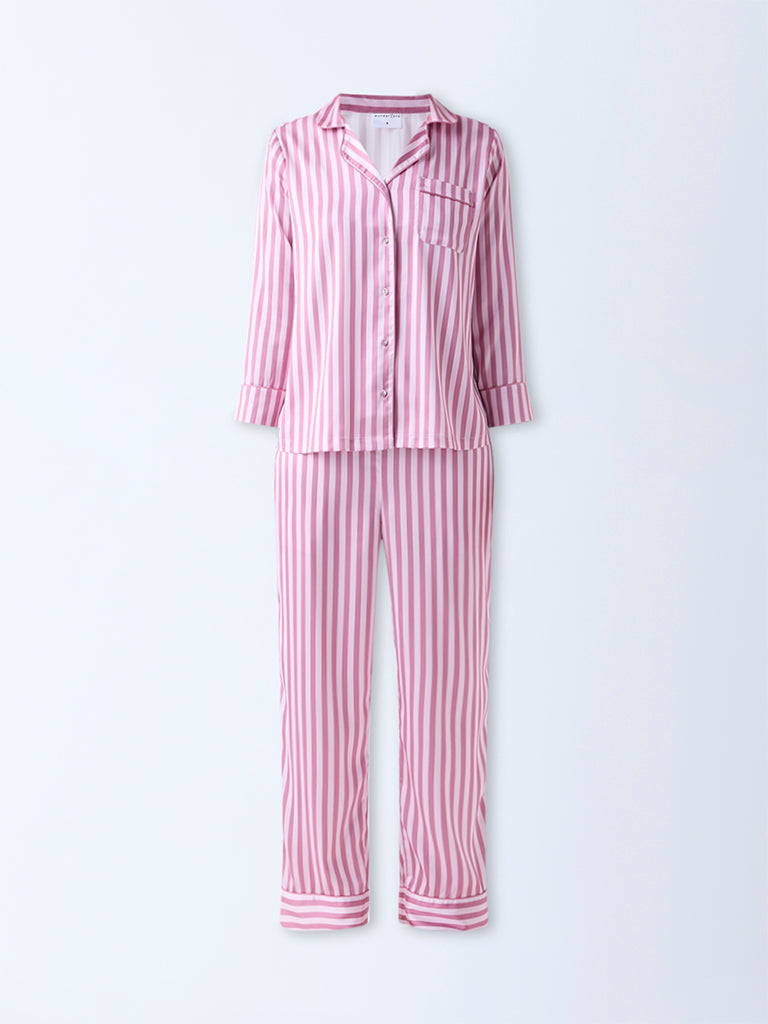 Wunderlove Pink Striped Satin Shirt with Pyjamas Set