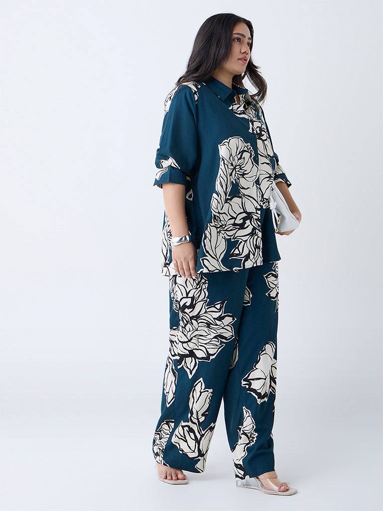 Gia Teal Foliage Printed Shirt
