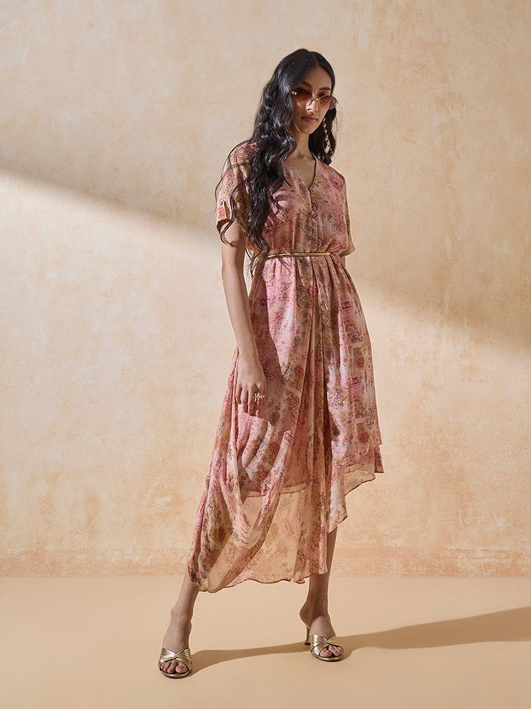 Printed Draped Pink Dress