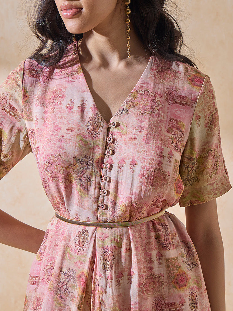 Printed Draped Pink Dress