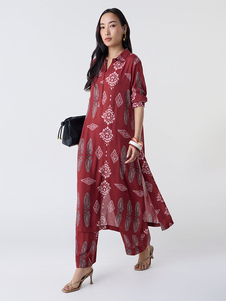 Utsa Red Printed A-Line Kurta