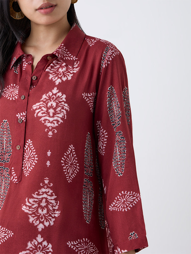 Utsa Red Printed A-Line Kurta