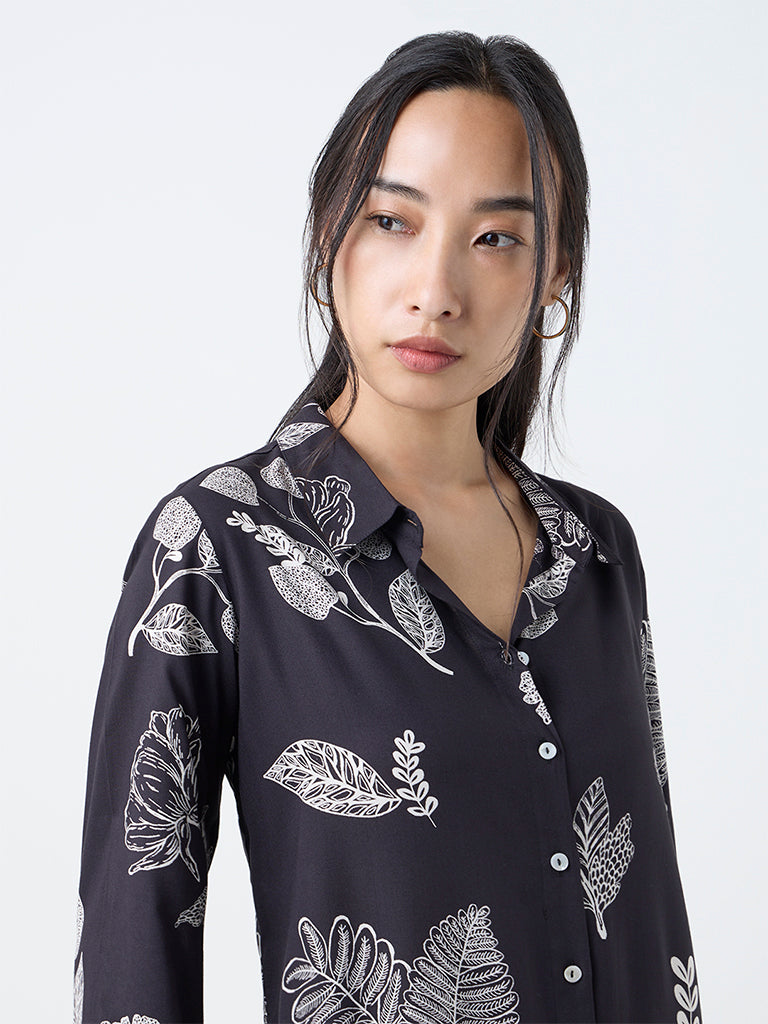 Utsa Black Foliage Design A-Line Kurta